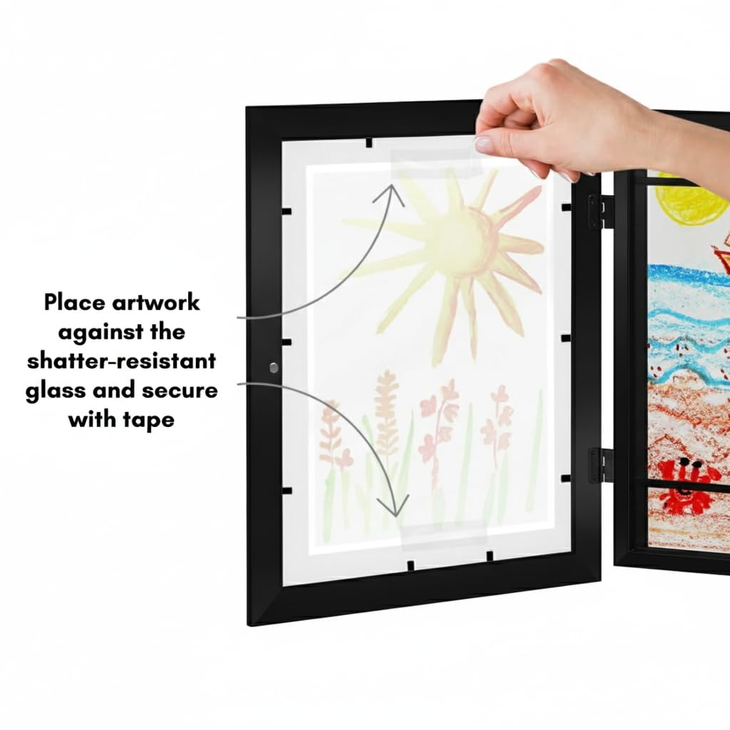 Kids Artwork Frame Changeable (Black) - Magnetic Door Holds 100 Art Pieces - 8.5x11 Letter Size Display with Mat or 10x12.5 Without Mat - My Mini Masterpiece