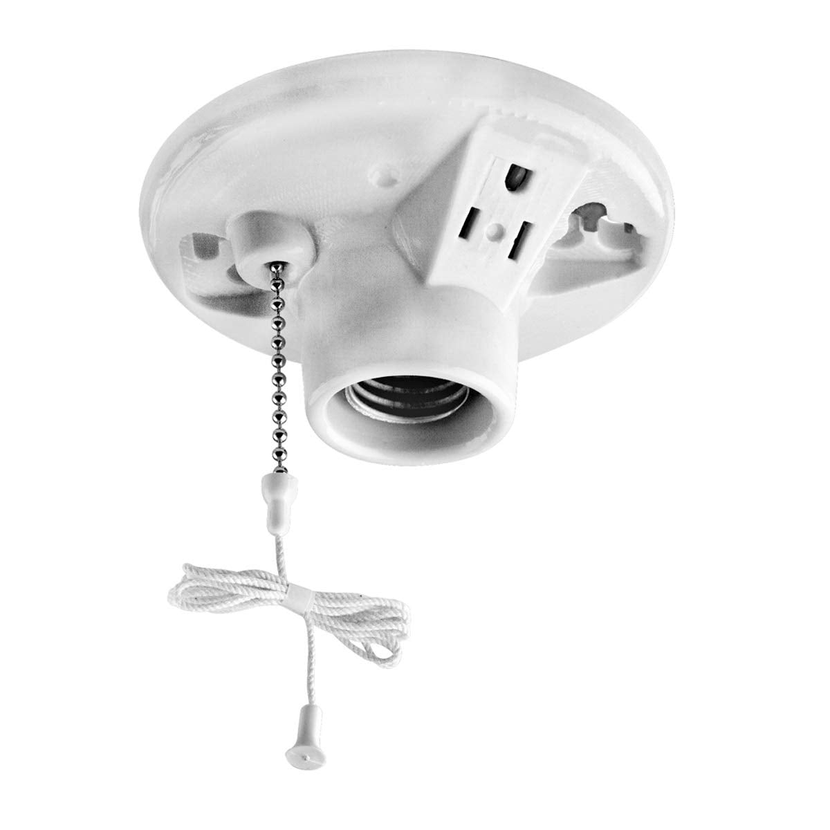 Leviton einteiliger glasierter Porzellan-Auslasskasten, Glühlampenfassung, Zugkette, oben verdrahtet, 9726-C, weiß