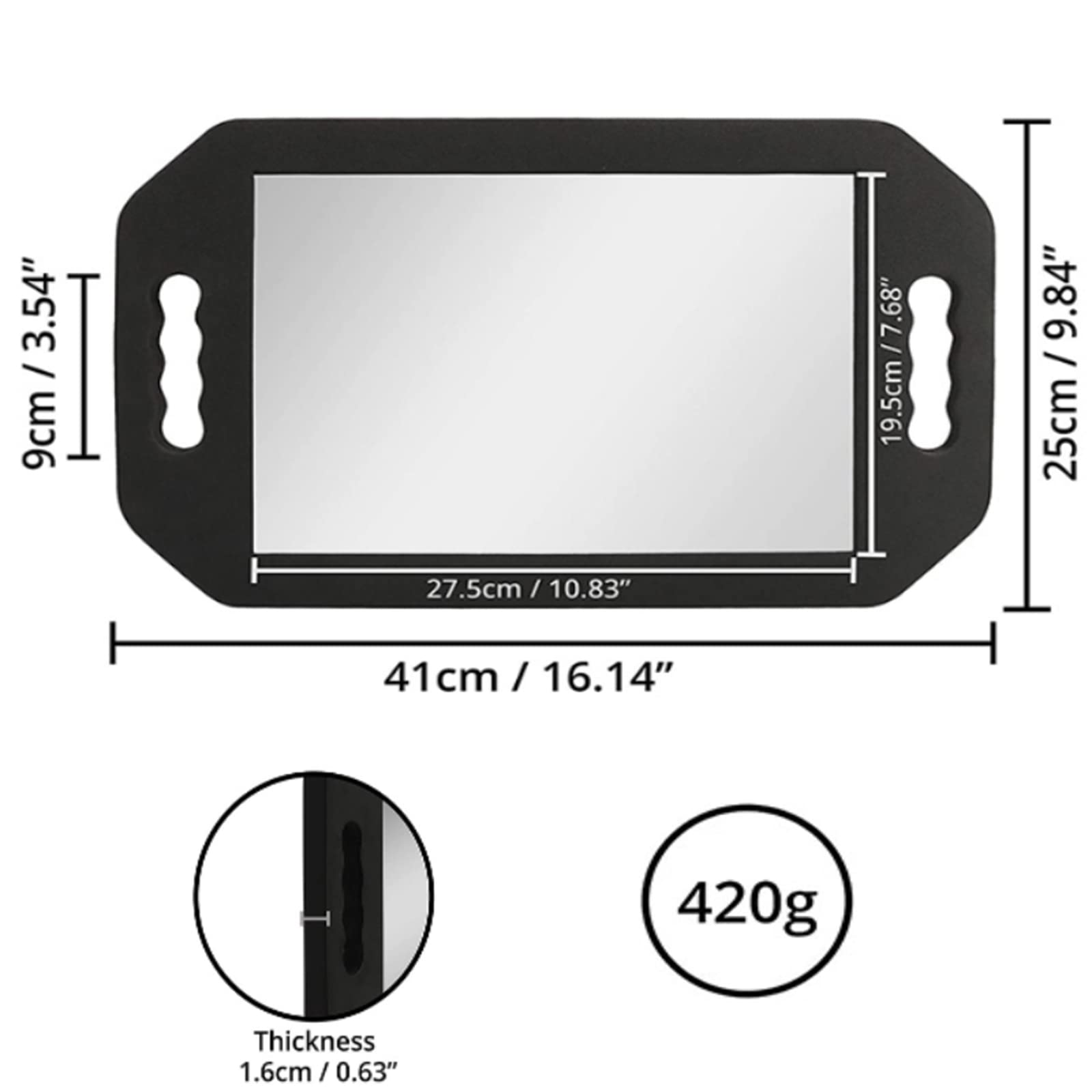 Feisate Barber Mirror Handheld Foam, Salon Large Foam Hand Mirror with Double Handle, Square Barbershop Handheld Mirror, Black