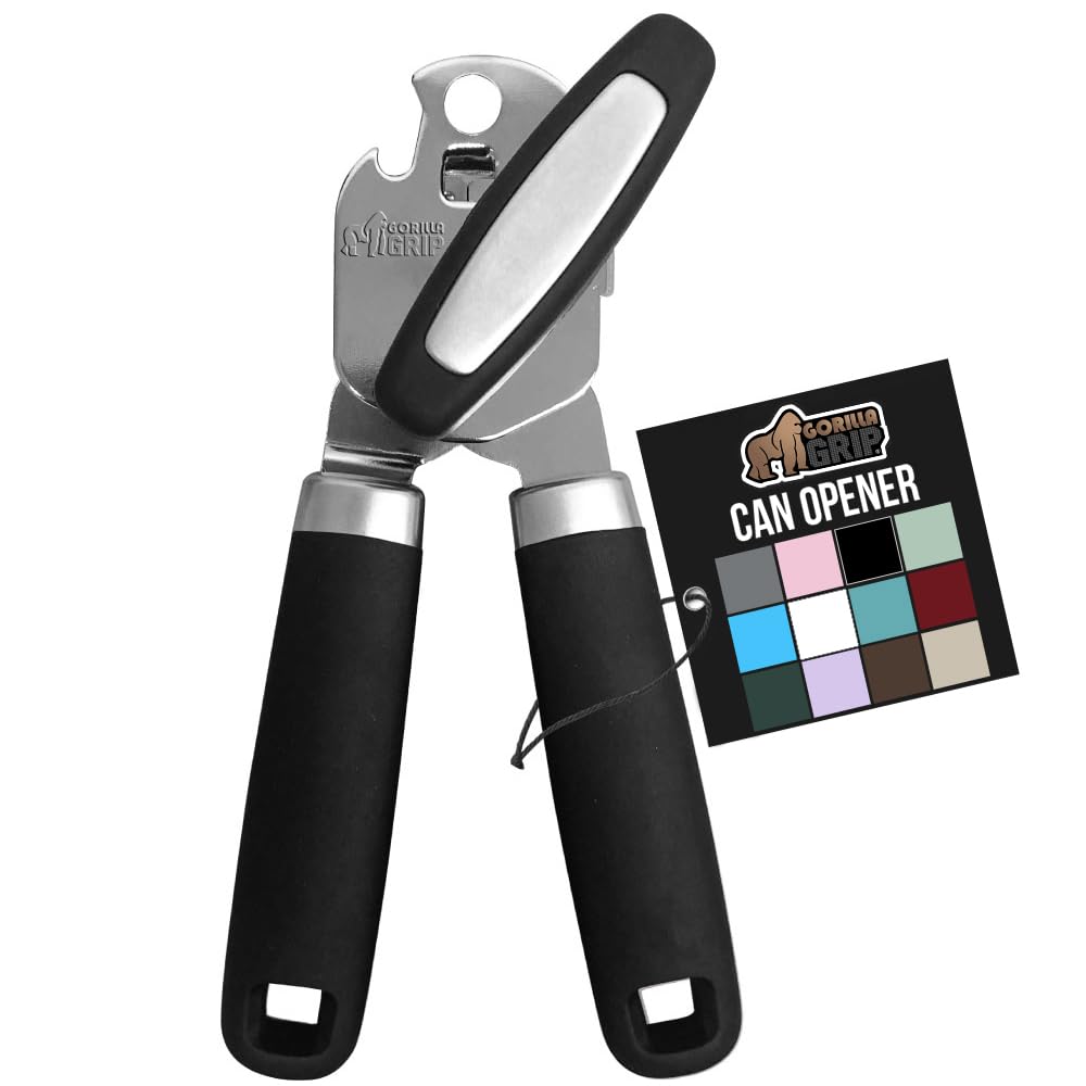 GORILLA GRIP Heavy Duty Stainless Steel Smooth Edge Manual Can Opener and Bottle Openers, Soft Comfortable Handle, Oversized Handheld Turn Knob, US Designed Multifunctional Kitchen Tool, Black