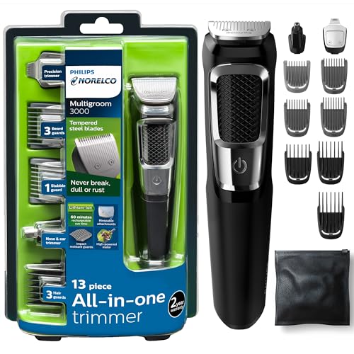 Philips Norelco Multigroomer All-in-One Trimmer Series 3000, 13 Piece Mens Grooming Kit, for Beard, Face, Nose, and Ear Hair Trimmer and Hair Clipper, NO Blade Oil Needed, MG3750/60