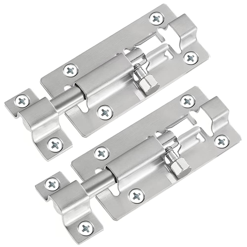 FATLODA 2 Pack Barrel Bolt Latch, 3 Inches Slide Latch Lock, Thickened Stainless Steel Sliding Locks for Door, Brushed Finish Sliding Bolt Lock Latches with 12PCS Screws