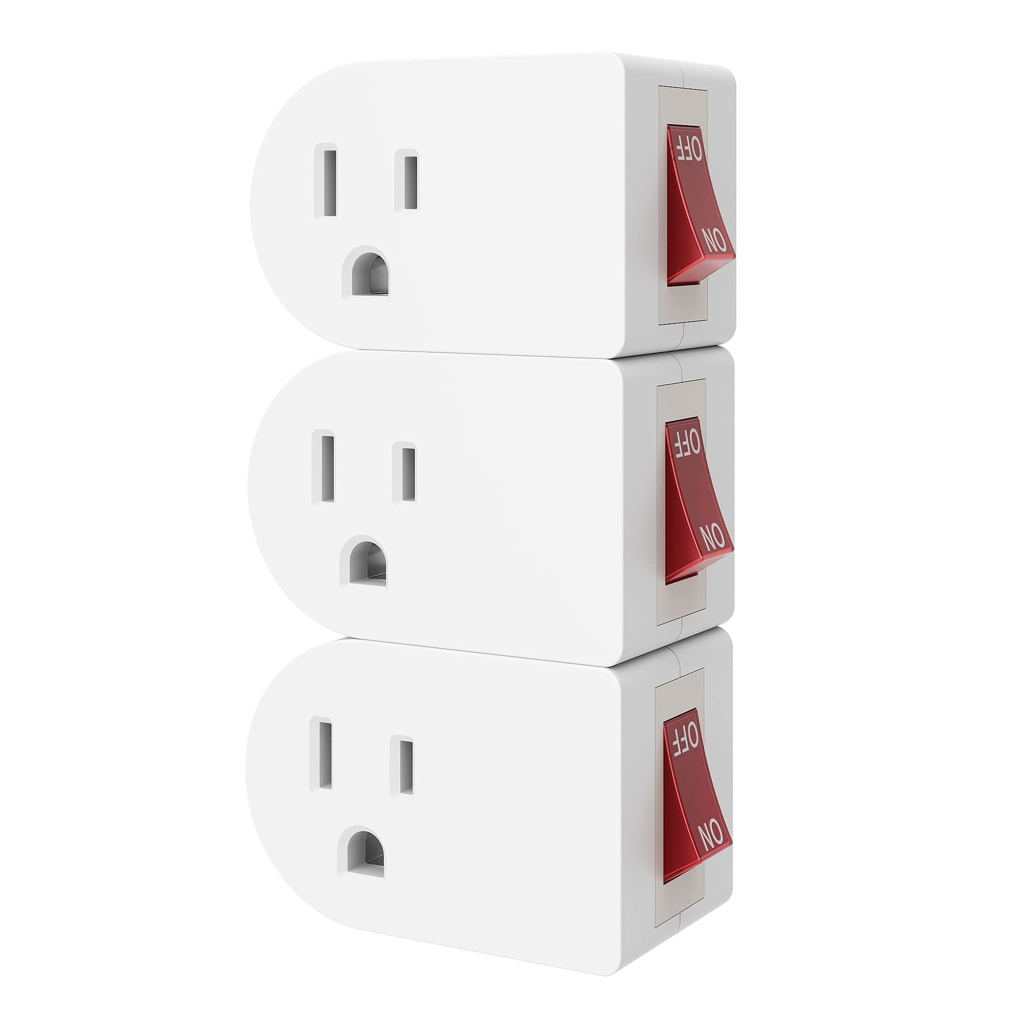 oviitech 3 Pack Grounded Outlet Wall Tap Adapter with On/Off Power Switch，Single Outlet with Switch in White