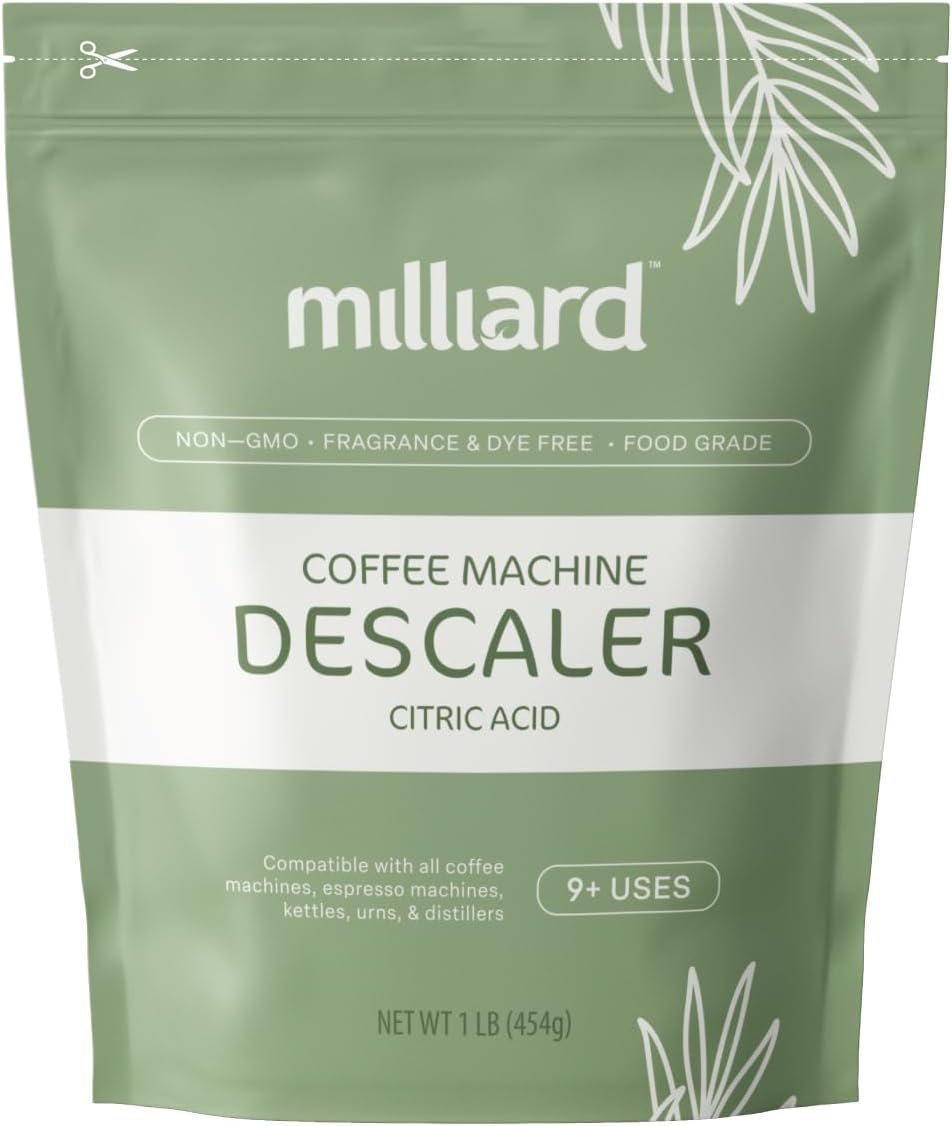 Milliard Descaler Powder - Coffee & Espresso Machine Descaling Cleaning Solution For Use With Keurig, Breville, Nespresso, Delonghi & More (1 lb, 9 Uses)