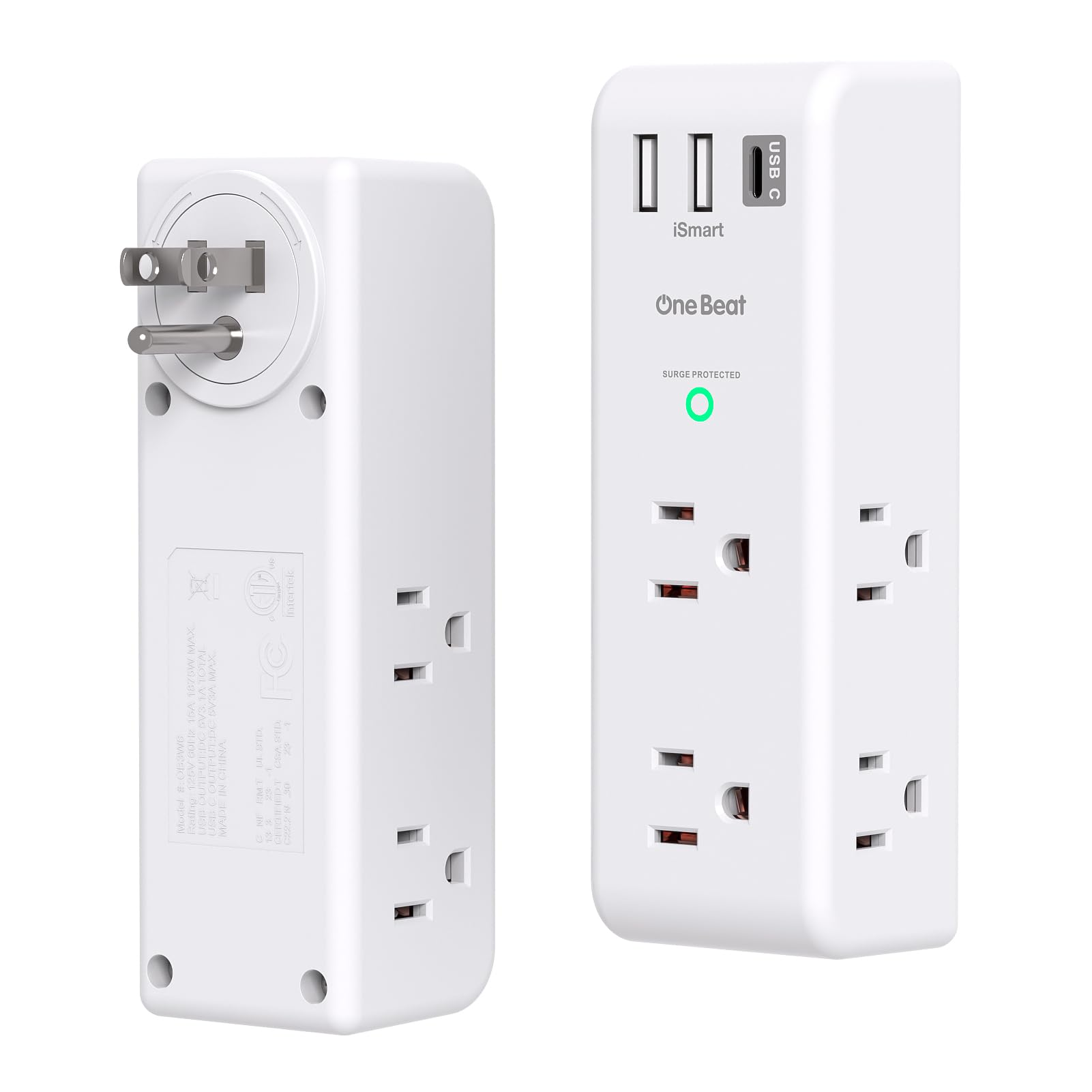 Surge Protector Outlet Extender - with Rotating Plug, 6 AC Multi Plug Outlet with 3 USB Ports (1 USB C), 1800 Joules, 3-Sided Swivel Power Strip with Spaced Outlet Splitter for Dorm, Office, Black