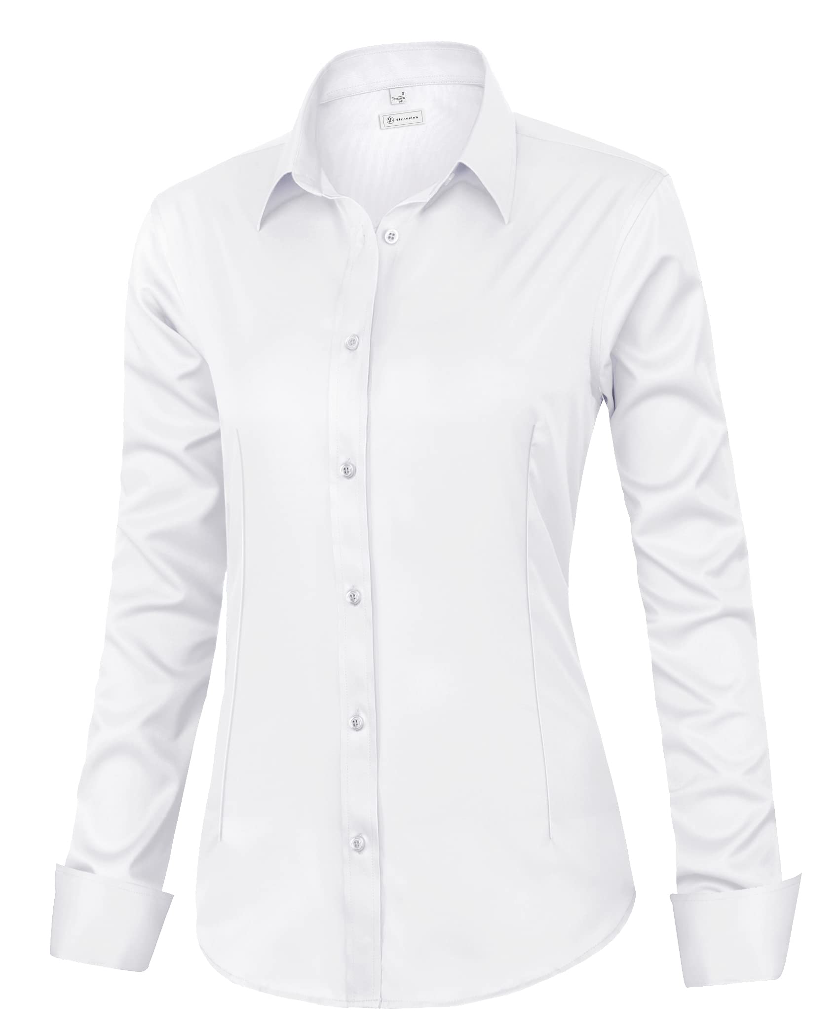 siliteelon Womens Classic-Fit Dress Shirts Long Sleeve Button Down Wrinkle-Free Stretch Solid Casual Work Office Blouse Top White Medium