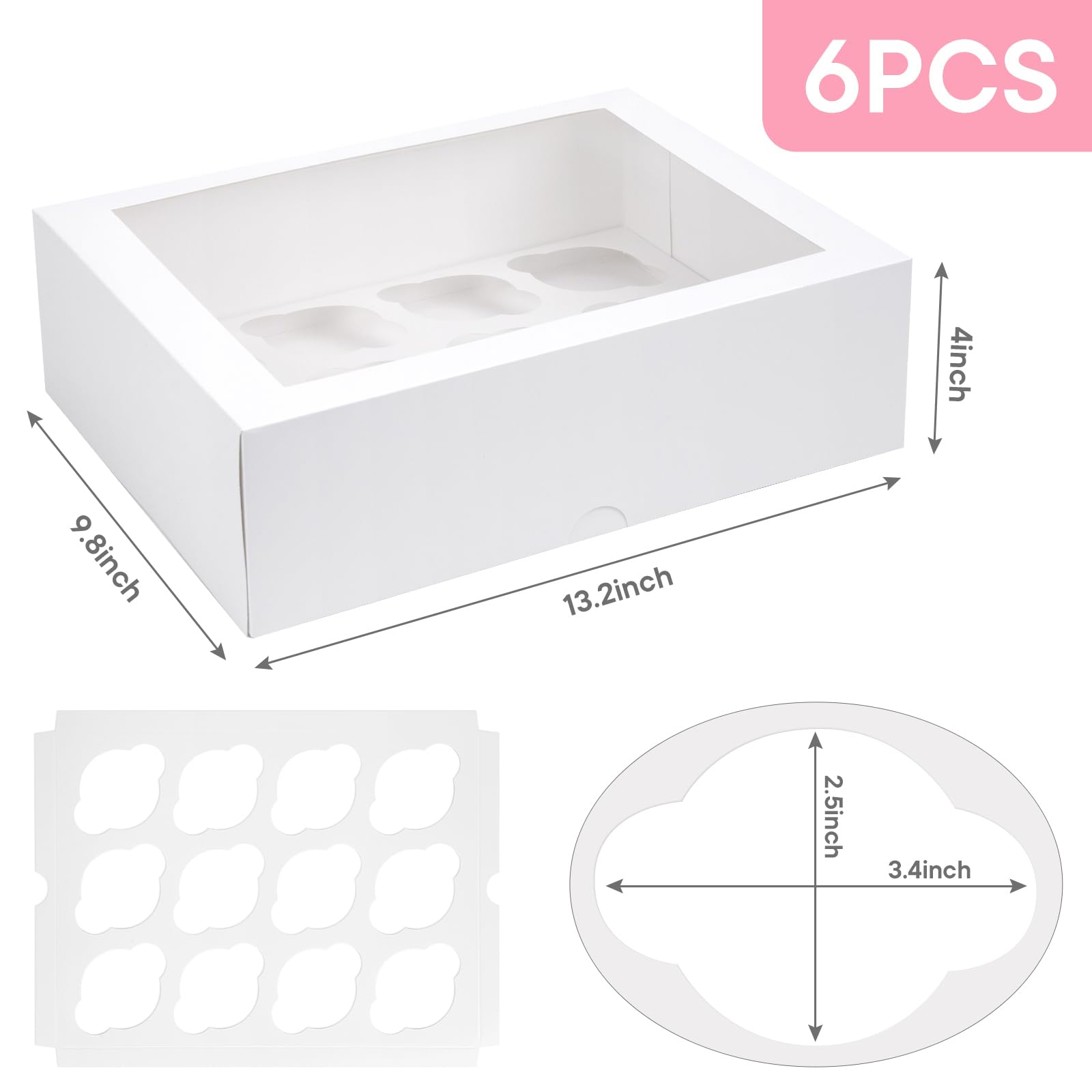 VGOODALL 12 Count Cupcake Boxes, 6PCS Cupcake Container with Window Boxes Holding 72 Pastry Box for Birthday Holiday Party Bakery Supplies 13.2"x9.8"x4"