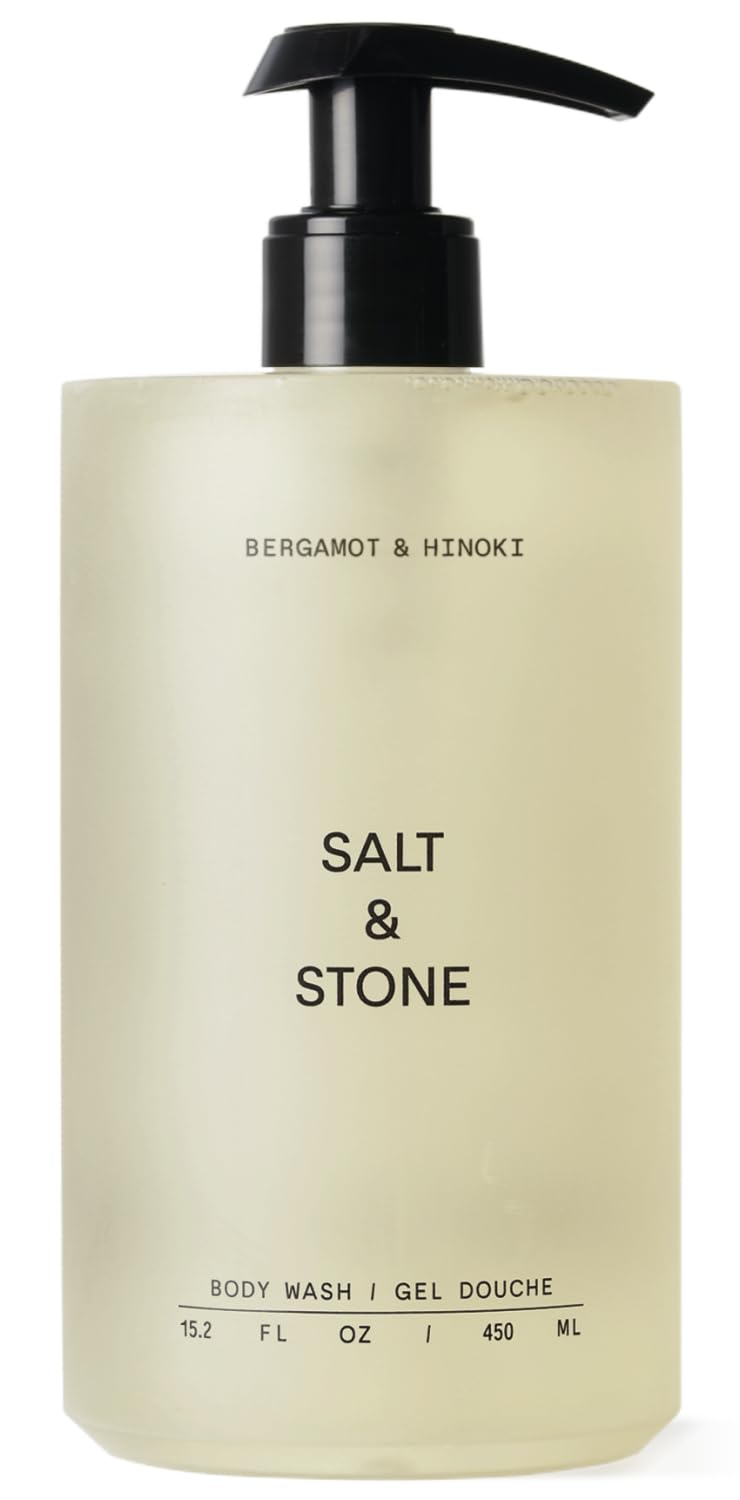 غسول الجسم Salt & Stone بتركيبة غنية بمضادات الأكسدة لترطيب عميق | للرجال والنساء، خالٍ من الكبريتات والبارابين والأصباغ، يترك البشرة ناعمة ورطبة | بالبرغموت وخشب الهينوكي 15.2 أونصة سائلة