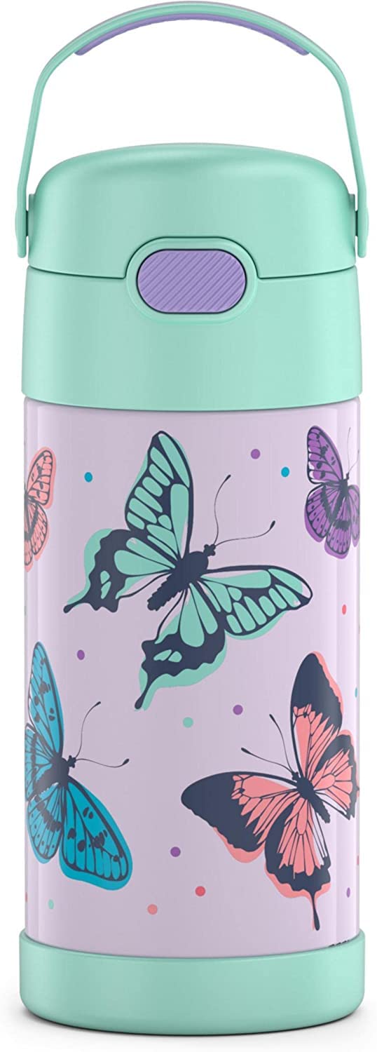 THERMOS FUNTAINER Water Bottle with Straw - 12 Ounce - Kids Stainless Steel Vacuum Insulated Water Bottle with Lid, Butterfly Frenzy