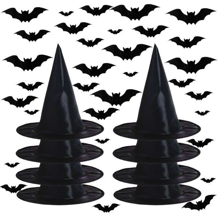 Halloween Witch Hats for Halloween Decoration, 8PCS Black Witch Hats, 32PCS 3D Bats, Black Witch Hats Hanging, Witch Cap Accessory for Halloween