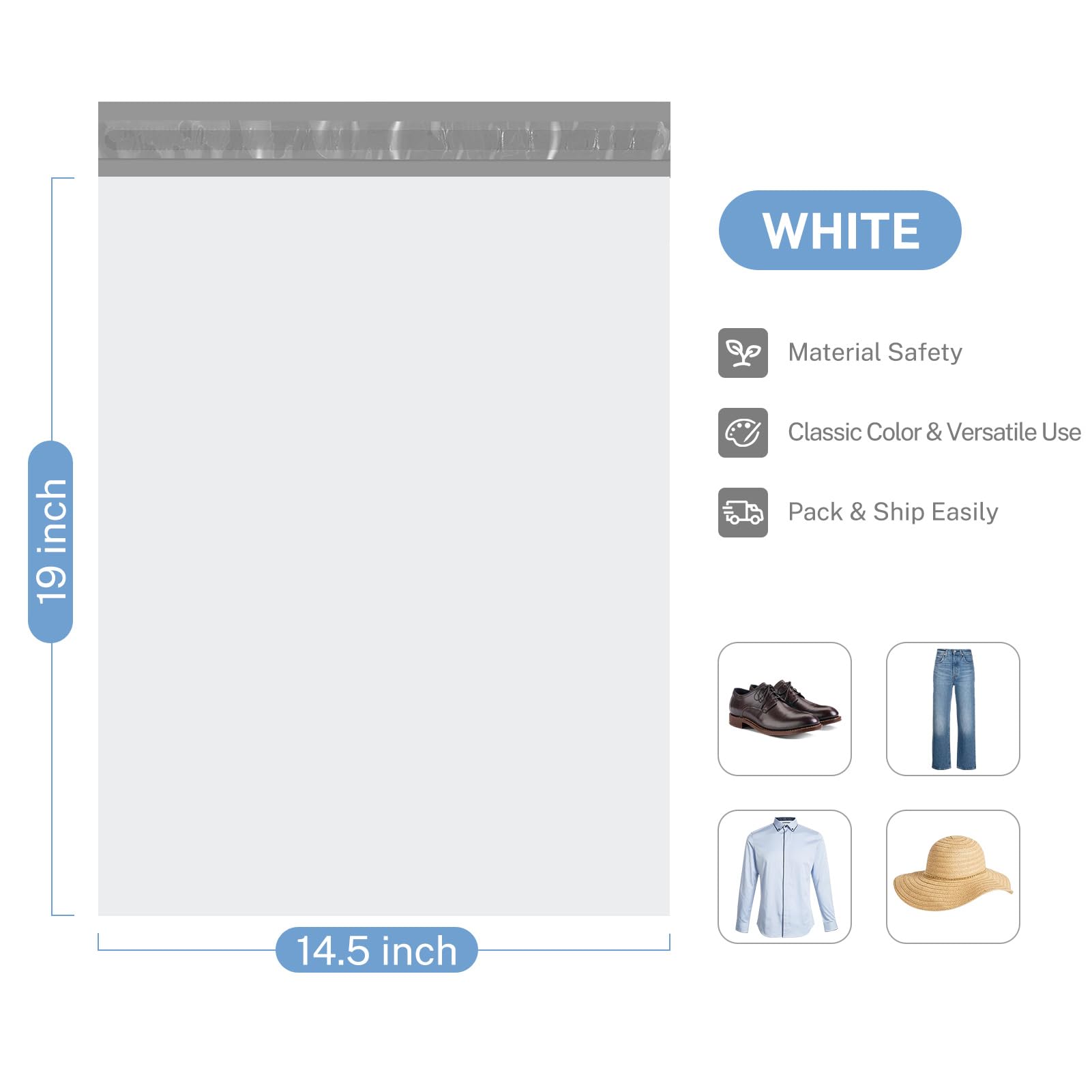 Metronic Poly Mailers 14.5x19 100 Pcs Large Shipping Bags for Clothing Mailing Bags with Strong Self-sealing Adhesive Waterproof and Tear-Proof Postal Bags in White