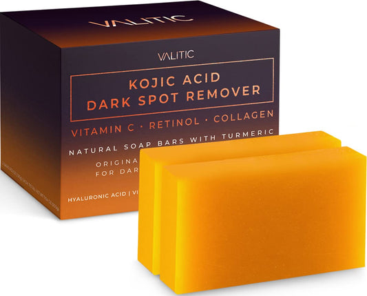 VALITIC Kojic Acid Dark Spot Remover Soap Bars with Vitamin C, Retinol, Collagen, Turmeric - Original Japanese Complex Infused with Hyaluronic Acid, Vitamin E, Shea Butter, Castile Olive Oil (2 Pack)