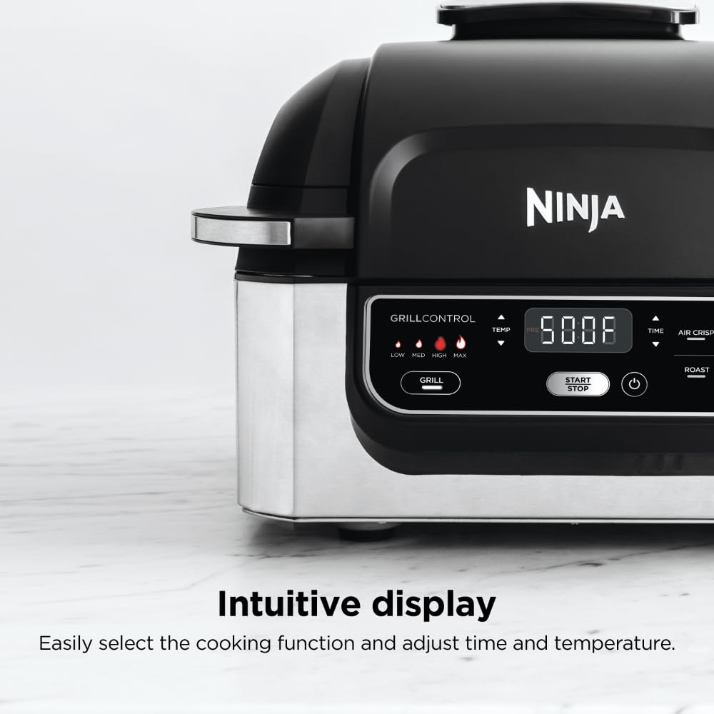Ninja | Indoor Grill | Foodi | 5-in-1 (Grill, Air Fry, Roast, Bake, and Dehydrate | Fits up to 3lb Roast | Smoke Control System and Dishwasher Safe Parts| Black/Grey | AG301