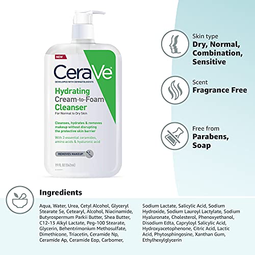 CeraVe Hydrating Cream To Foam Cleanser | Makeup Remover Face Wash For Dry Skin | Foaming Facial Cleanser With Hyaluronic Acid | Normal To Dry Skin | Fragrance Free & Non Comedogenic | 19 Fluid Ounce