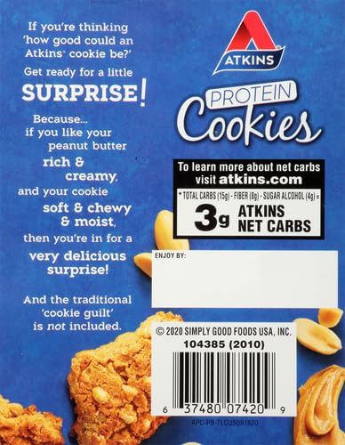 Atkins Peanut Butter Protein Cookie, Protein Dessert, Rich in Fiber, 3g Net Carb, 1g Sugar, Keto Friendly, 4 Count
