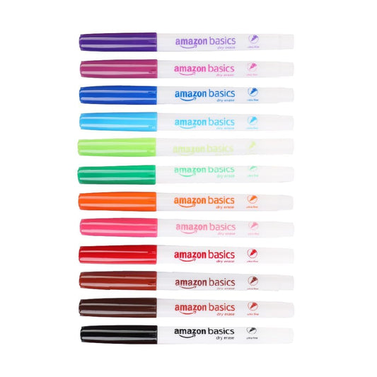 Amazon Basics Low Odor Ultra Fine Tip Dry Erase Whiteboard Markers, Variety of Colors, for Office, Home or School Use, 12 Pack, Assorted Colors