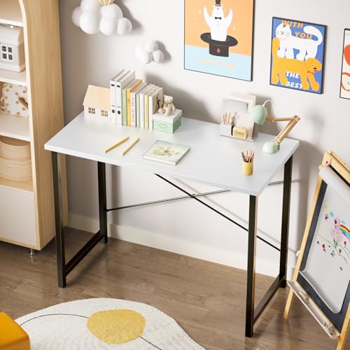 Sweetcrispy Computer Small Desk, 32 Inch Office Writing Work Study Kids Student Home Bedroom Table with Metal Frame Wooden Tabletop No Wheels - White Wood