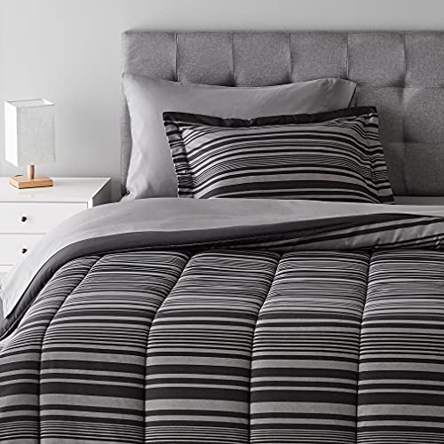 Amazon Basics 5-Piece Lightweight Microfiber Comforter Set with Sheets ,Bed-in-a-Bag Sheets, Gray Calvin Striped Bedding, Twin/Twin XL