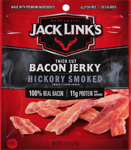 Jack Link's Bacon Jerky, Hickory Smoked - Flavorful Ready to Eat Meat Snack with 11g of Protein per Serving, Made with 100% Thick Cut Real Bacon, Protein Snack, Keto Friendly, 2.5 oz.