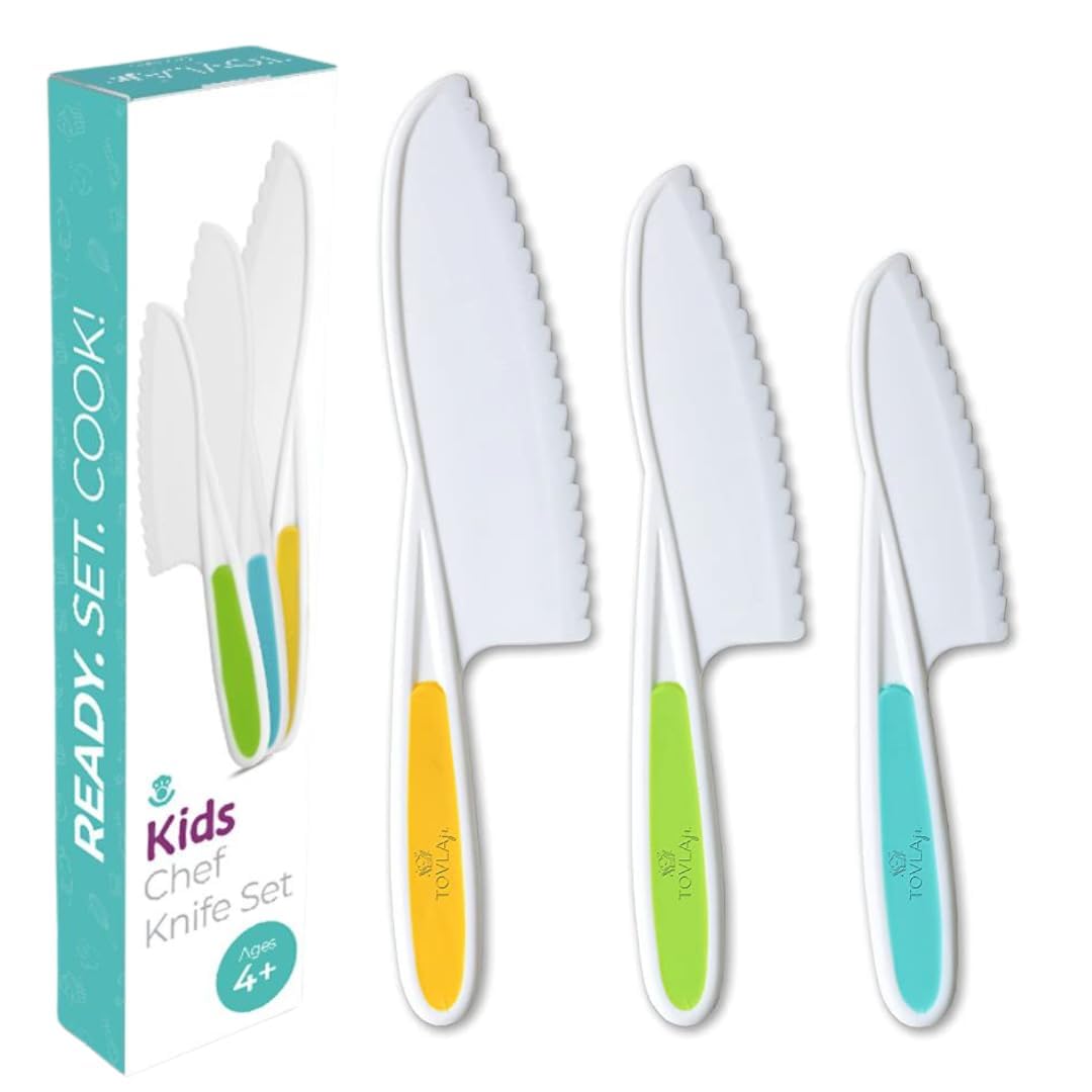 Tovla Jr. Knives for Kids 3-Piece Kitchen Cooking and Baking Knife Set: Montessori Children's Knives in 3 Sizes & Colors/Firm Grip, Serrated Edges, BPA-Free Kids' Toddler Knives (colors vary)