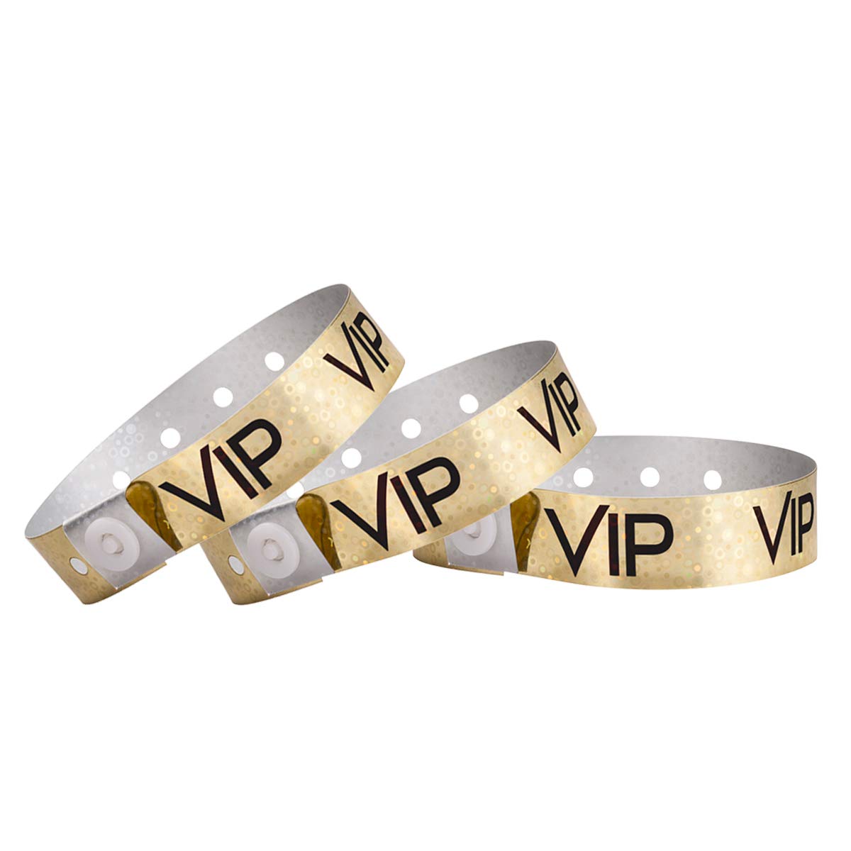 100 WristCo Premium Holographic Gold VIP Plastic Secure Snap Wristbands - 5/8" x 10" - Waterproof, Durable, Tearproof, Wrist Bands Used at Waterparks Concerts Conferences for Security Admission