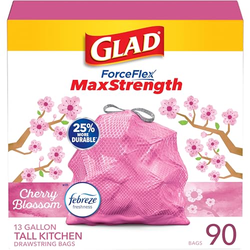 Glad ForceFlex MaxStrength with Clorox Trash Bags, 13 Gal, Lemon Fresh Bleach, 90 Ct, Pack May Vary
