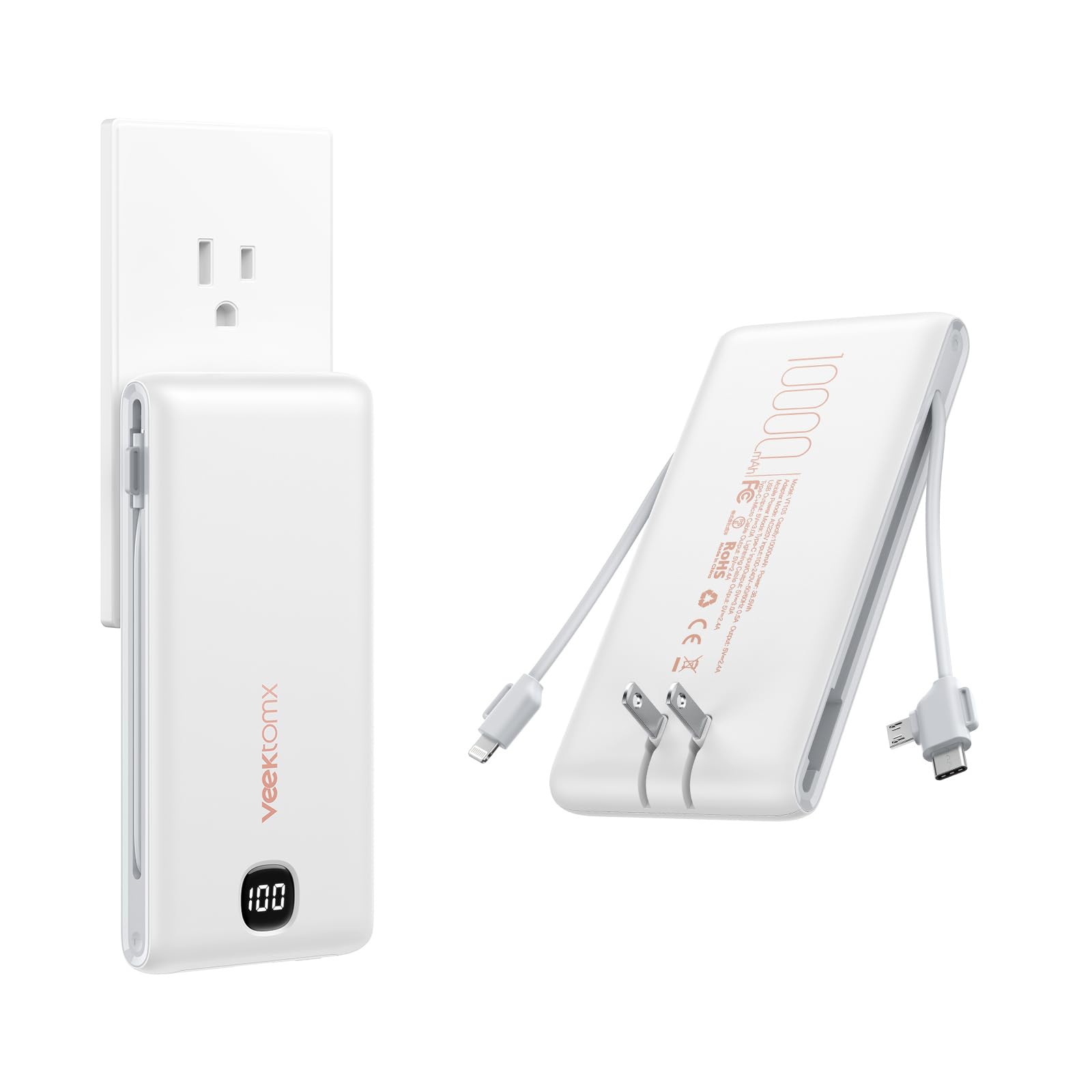 VEEKTOMX Portable Charger with Built in Cables 10000mAh, Power Bank for iPhone with Wall Plug, Travel Essential Fast Charging USB C Slim External Battery Pack for iPhone16/15/14, Samsung, iPad, etc