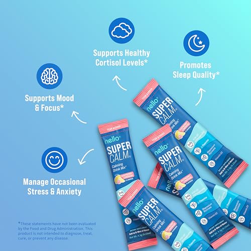 Nello Supercalm Powdered Drink Mix, Raspberry Lemonade, L Theanine, Ksm-66 Ashwagandha, Magnesium Glycinate, Vitamin D 3, Supplements for Relaxation & Focus, No Sugar, Non GMO, On The Go, 20 Ct