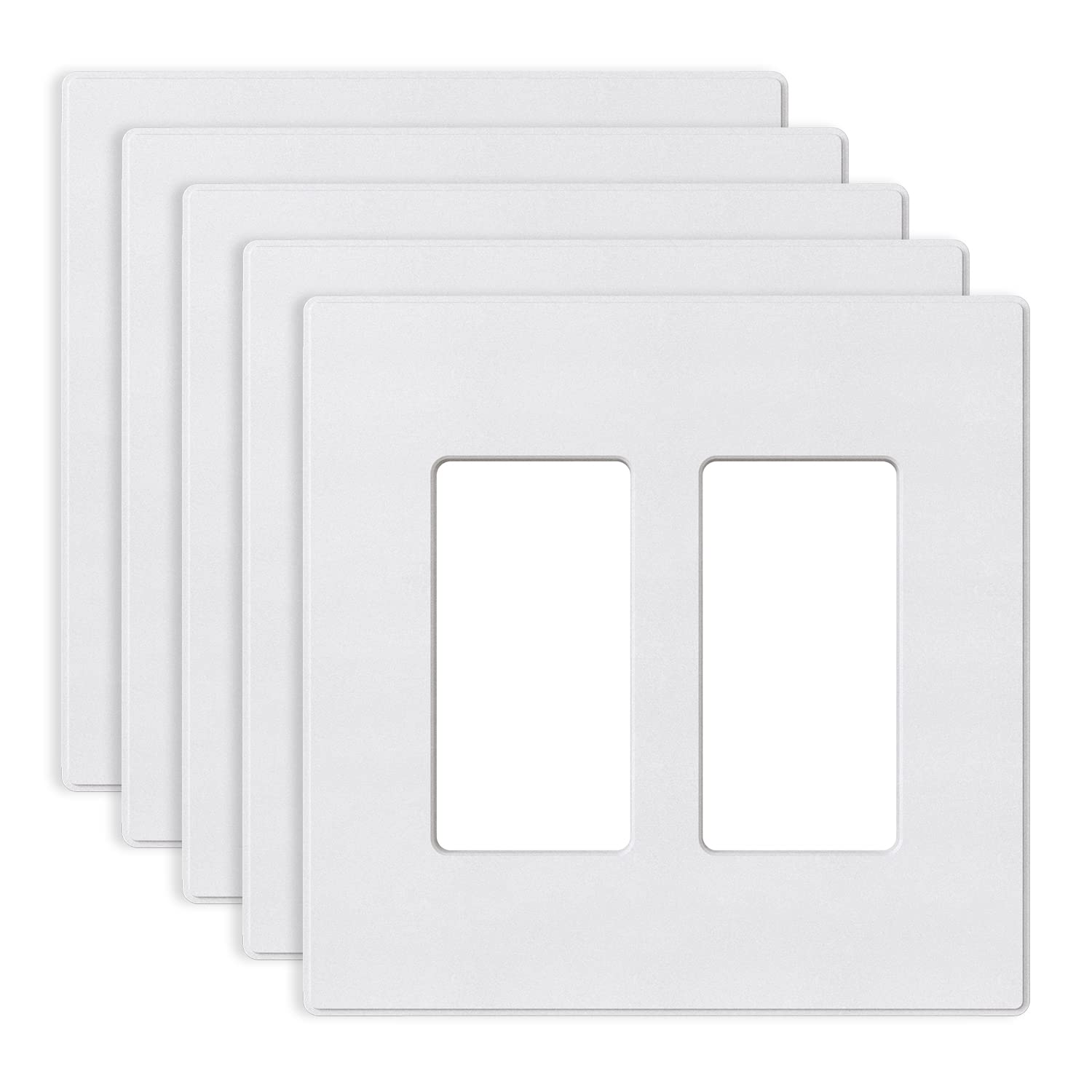 ELEGRP 2-Gang Screwless Decorative Wall Plates, Mid-Size 4.88" height x 4.94" length Unbreakable Thermoplastic Faceplate Cover for Decorator Receptacle Outlet & Switch, UL Listed (5 Pack, Matte White)
