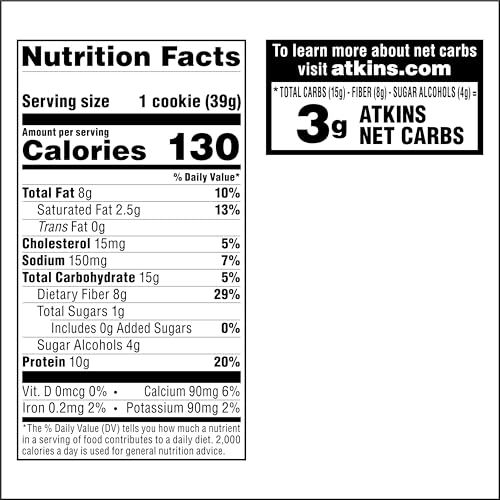 Atkins Peanut Butter Protein Cookie, Protein Dessert, Rich in Fiber, 3g Net Carb, 1g Sugar, Keto Friendly, 4 Count