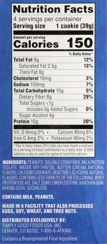 Atkins Peanut Butter Protein Cookie, Protein Dessert, Rich in Fiber, 3g Net Carb, 1g Sugar, Keto Friendly, 4 Count