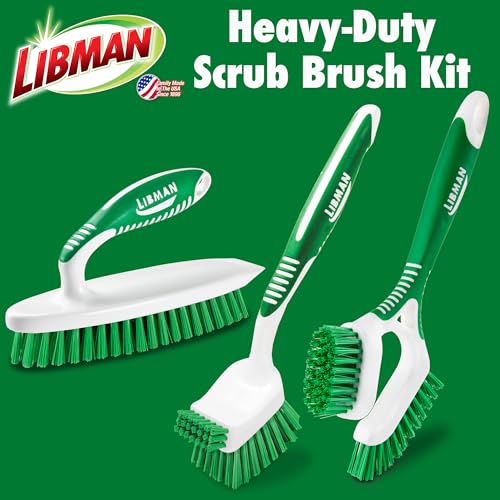 Libman Heavy Duty Scrub Brush Kit | Cleaning Brushes for Household Use | Tub Scrubber | Easy Grip Scrub Brush | Big Job Kitchen Brush | Dual Sided Tile & Grout Brush | 3 Different Brushes Included