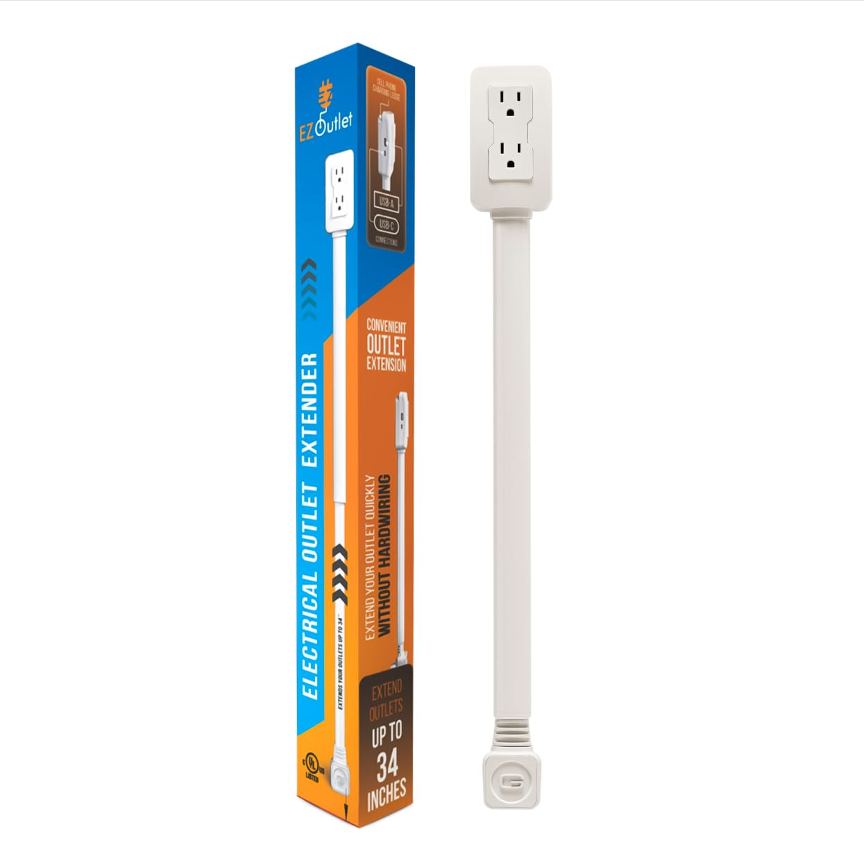 EZ Outlet، موسع مقبس كهربائي. يمكنك الوصول إلى المقابس التي يصعب الوصول إليها! يتميز بمنافذ USB-A و USB-C ومقبسين تيار متردد، ويمتد من 22 إلى 34 بوصة، ويدور 180 درجة. استخدمه خلف الأرائك والطاولات الجانبية والمكاتب والمزيد.