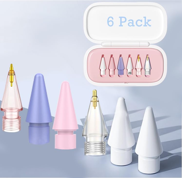 6 Pack Replacement Pencil Tips with Case for Apple iPad 2nd / 1st Generation - Sensitive and Precise Control iPencil Nibs Compatible with iPad for Pencil USB C/ 2nd/ 1st Gen Apple Pen