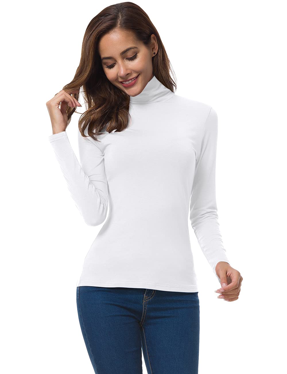 Womens White Turtleneck Tops Long Sleeve Lightweight Slim Active Shirt White Medium