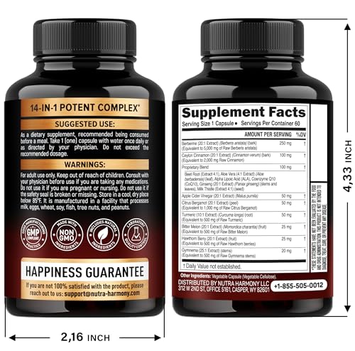 Berberine with Ceylon Cinnamon | Gymnema Extract | Apple Cider Vinegar | Hawthorn Berry | Citrus Bergamot | Bitter Melon - 14-in-1 Supplement for Heart Support, Metabolism & Energy - Vegan 60 Capsules
