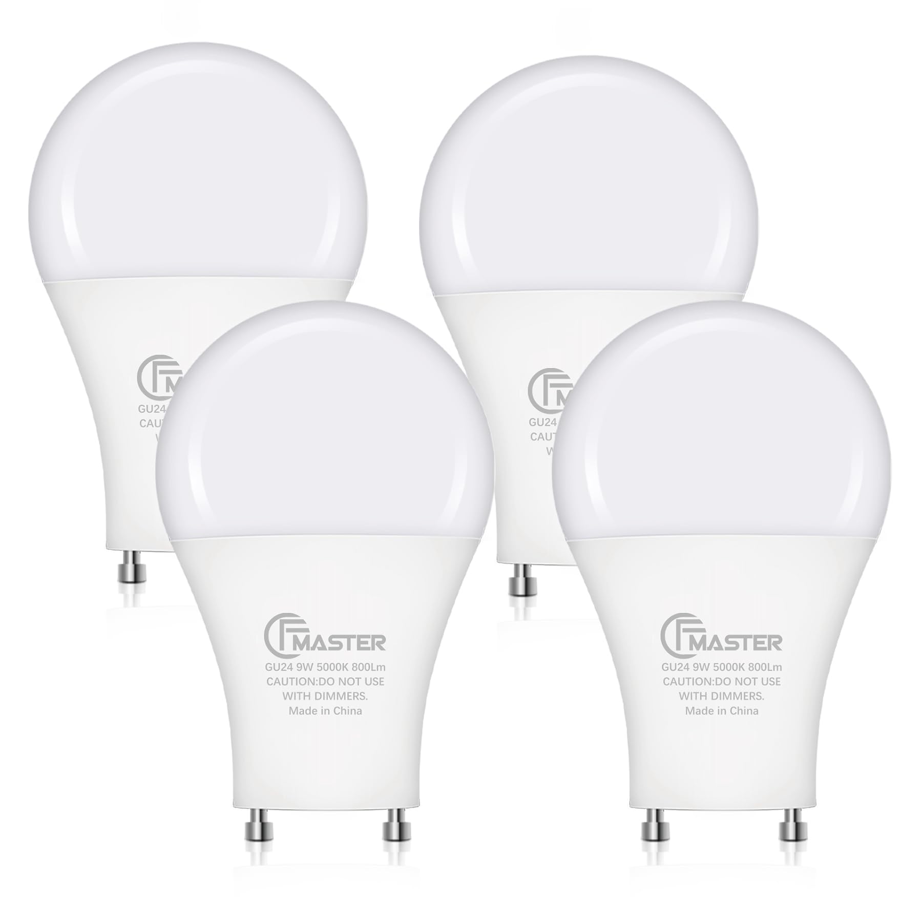 CFMASTER GU24 LED Light Bulb, 5000K Daylight, 9W(100W Equivalent), 800 Lumens, A19 Shape GU 24 LED Bulbs, Twist and Lock GU24 Pin Base with Two Prongs, Non-Dimmable, UL ETL Certificated(4-Pack)