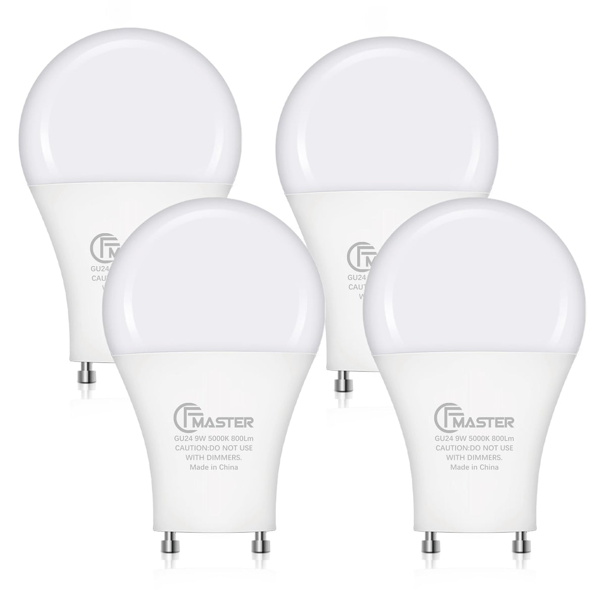 CFMASTER GU24 LED Light Bulb, 5000K Daylight, 9W(100W Equivalent), 800 Lumens, A19 Shape GU 24 LED Bulbs, Twist and Lock GU24 Pin Base with Two Prongs, Non-Dimmable, UL ETL Certificated(4-Pack)