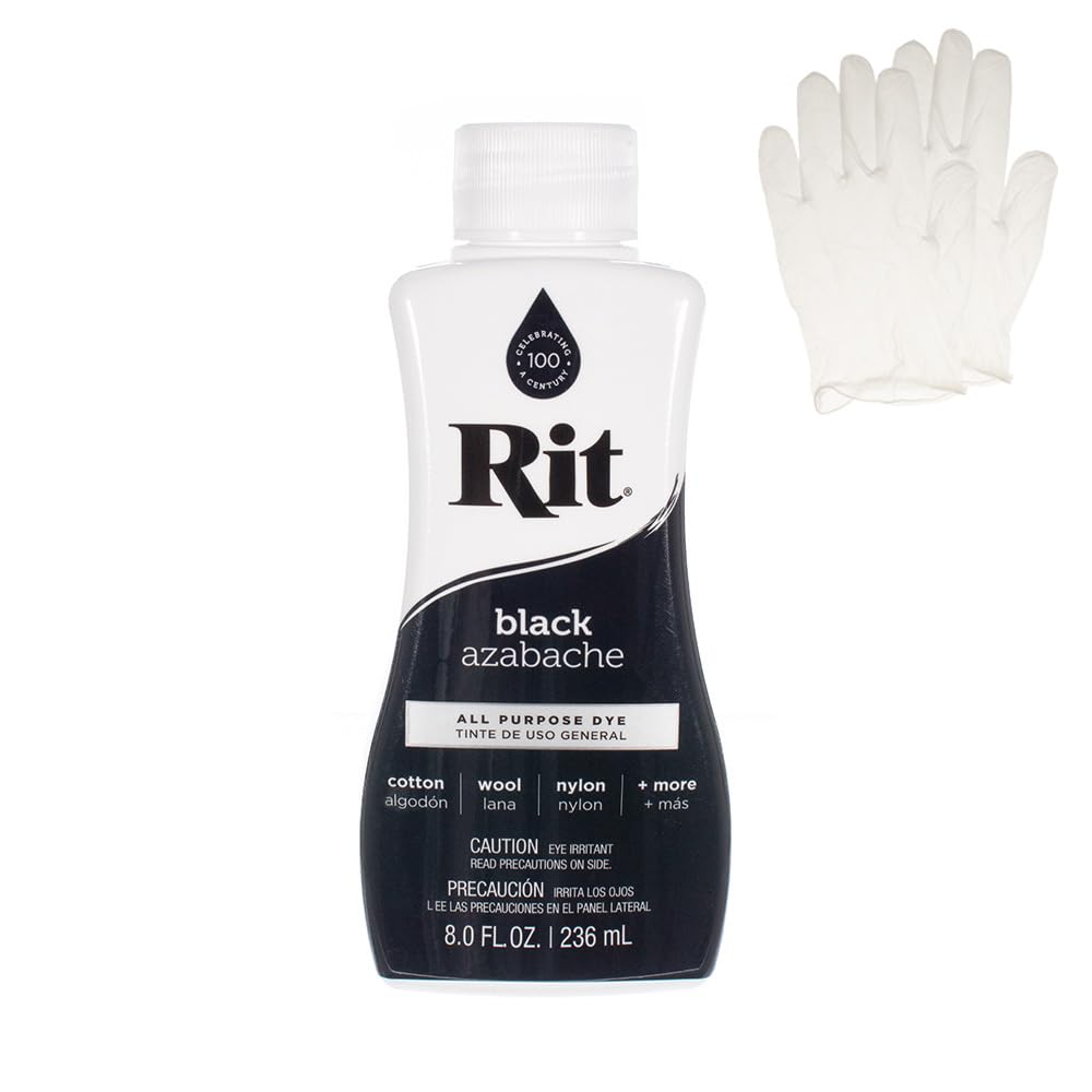 Rit Dye - Liquid Fabric Dye for Crafting, Clothing, and Decor - 8 oz. Bottle - Black (Gloves Included)