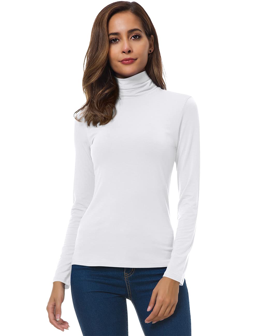 Womens White Turtleneck Tops Long Sleeve Lightweight Slim Active Shirt White Medium