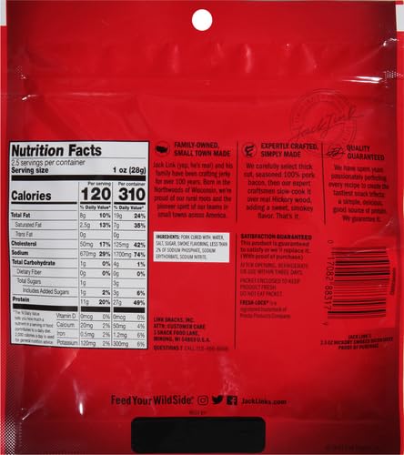 Jack Link's Bacon Jerky, Hickory Smoked - Flavorful Ready to Eat Meat Snack with 11g of Protein per Serving, Made with 100% Thick Cut Real Bacon, Protein Snack, Keto Friendly, 2.5 oz.