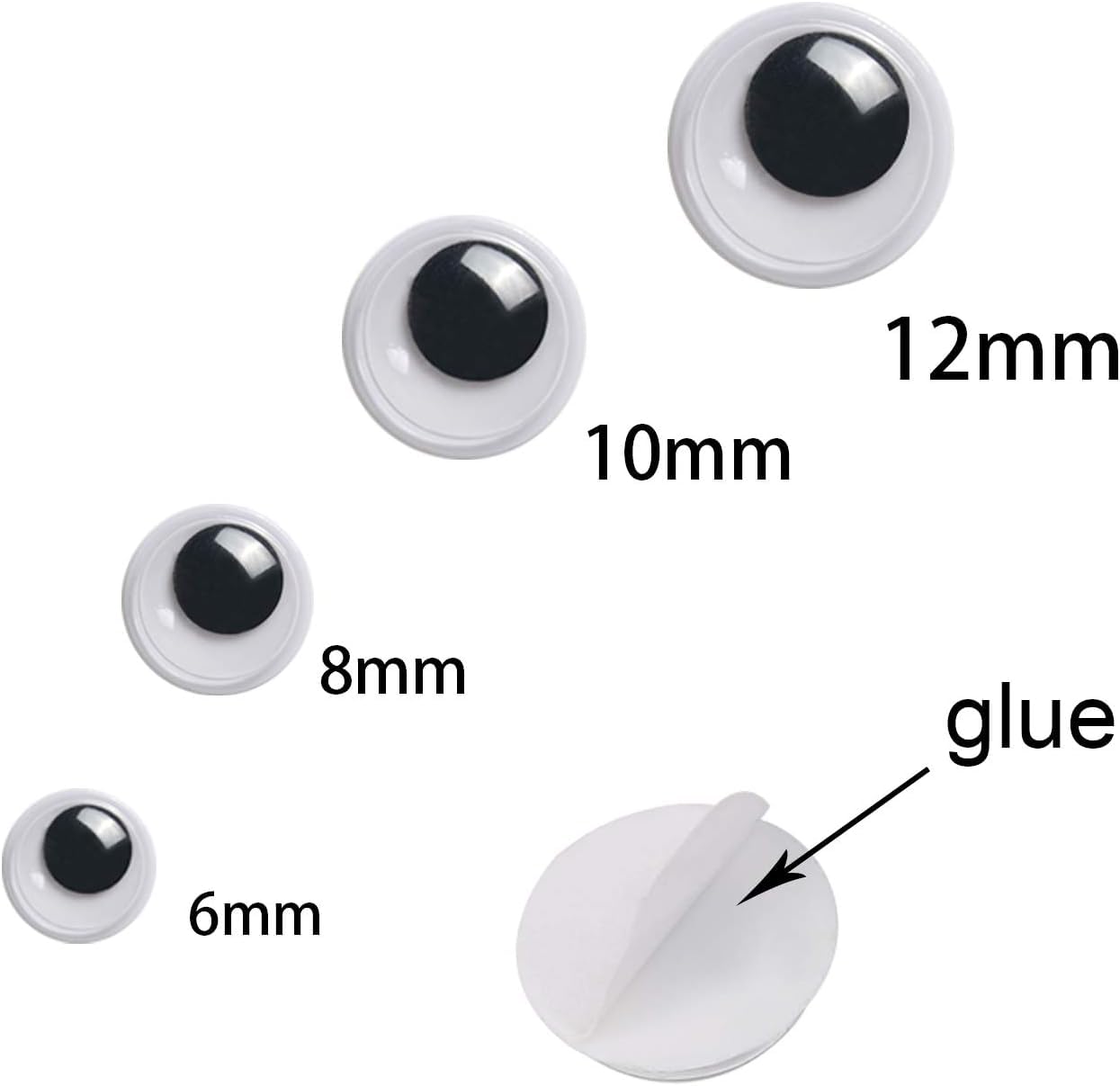 Upins 1000 Pcs Black Wiggle Googly Eyes with Self-Adhesive, 6mm 8mm 10 mm 12mm Mixed Packaging