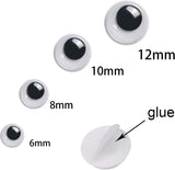 Upins 1000 Pcs Black Wiggle Googly Eyes with Self-Adhesive, 6mm 8mm 10 mm 12mm Mixed Packaging