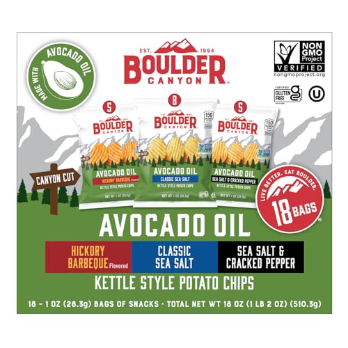 Boulder Canyon Avocado Oil Kettle Style Potato Chips Variety Pack, 18 Count - Gluten-Free, Non-GMO, Hickory Barbecue, Classic Sea Salt, Sea Salt & Cracked Pepper (1 oz Bags)