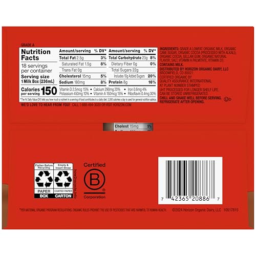 Horizon Organic Shelf-Stable 1% Lowfat Milk Boxes, Chocolate, 8 Fl Oz, 18 Pack