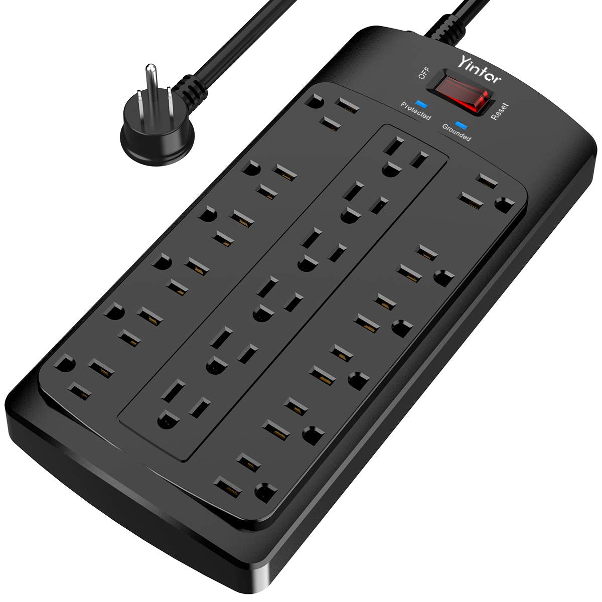 6FT Yintar Surge Protector Power Strip - Flat Plug Extension Cord with 18 AC Outlets for Home, Office, Dorm Essentials, 2100 Joules, ETL, Black