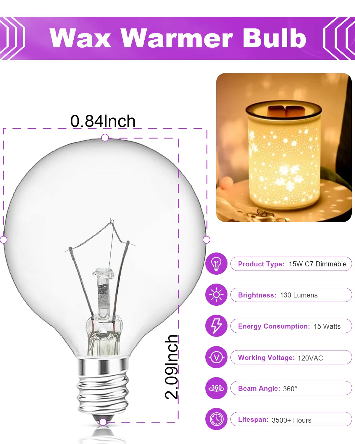 Scentsy Light Bulbs for Warmer - 25 Watt Bulb for Full Size Wax Melt Warmers, Replacement Bulb for Wax Warmer Burner Candle Warmer - G16 1/2 Globe Bulbs (6 Packs)