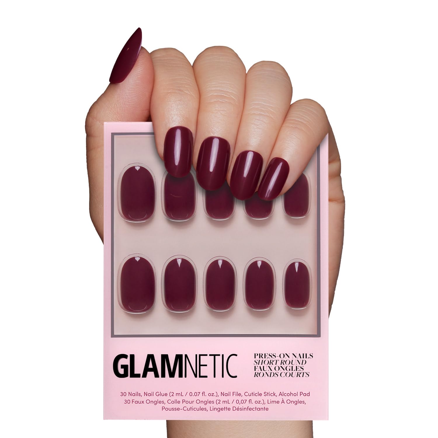 Glamnetic Press On Nails - Berry Maroon | Opaque Dark Red Maroon Short Round False Nails, Reusable Stick On Fake Nails with Glue | Salon Quality | 12 Sizes - 30 Nail Kit