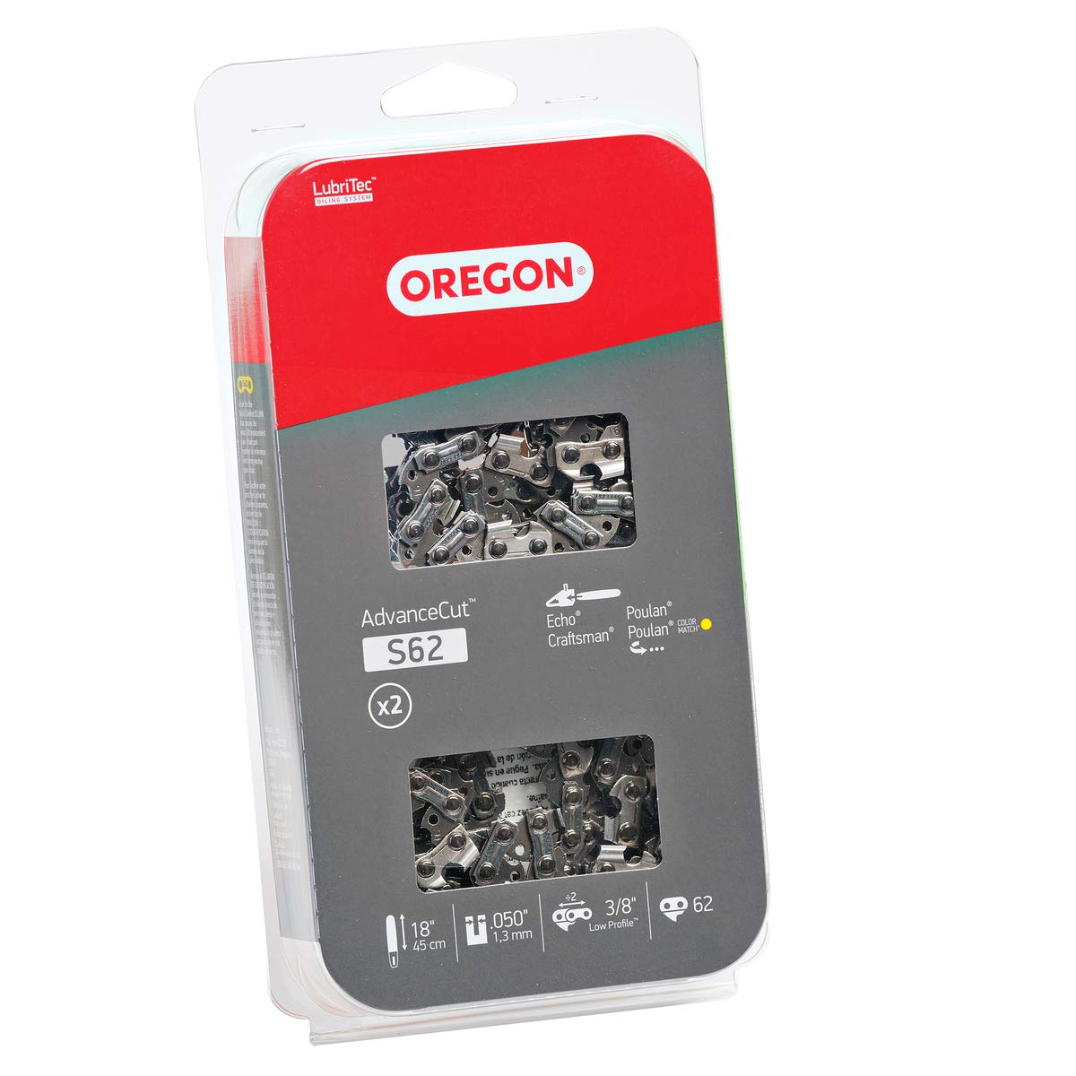 Oregon S62T AdvanceCut Chainsaw Chains 2-Pack, for 18-Inch Bar, 62 Drive Links, 2x Replacement Chainsaw Blades, .050 Inch Gauge, 3/8 Inch Pitch, Fits Craftsman, Atlas, Homelite, Ryobi, Ego & More