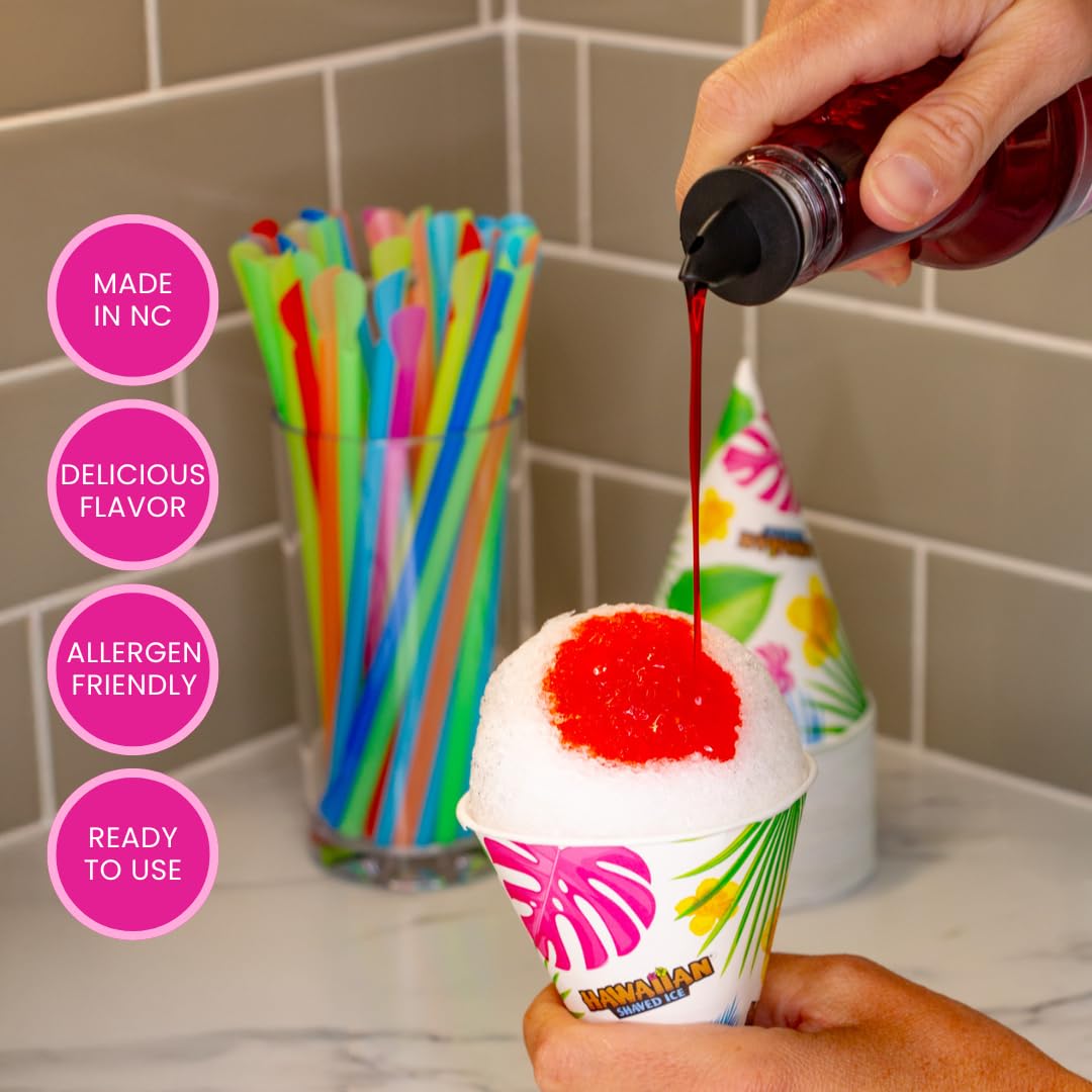 Hawaiian Shaved Ice Syrup Assortment with 3 - 16oz Bottles, 25 Snow Cone Cups, 25 Spoon Straws, and 3 Pouring Spouts. Flavors: Cherry, Blue Raspberry, and Grape. Allergy-friendly.